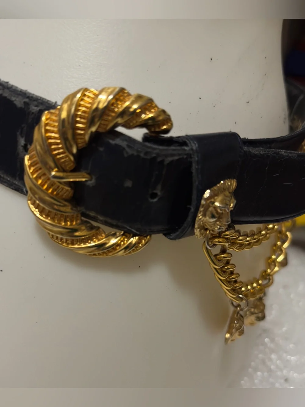 Vintage Jones New York Lion Heads Chain Belt Black Gold Tone Buckle Med AS IS